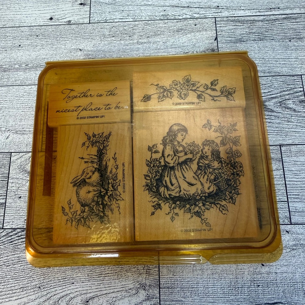Stampin Up Tender Toile Wood Mount Rubber Stamp Set 4pc Vintage 2002 Girl Rabbit